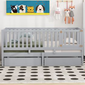 Twin Size Wood Daybed with Fence Guardrails and 2 Drawers, Split into Independent Floor Bed & Daybed (Color: gray) Twin Size Wood Daybed with Fence Guardrails and 2 Drawers, Split into Independent Floor Bed & Daybed (Color: gray)